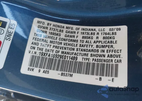 2009 Honda Civic Ex-L z USA, uszkodzony, nr VIN 19XFA16929E011489